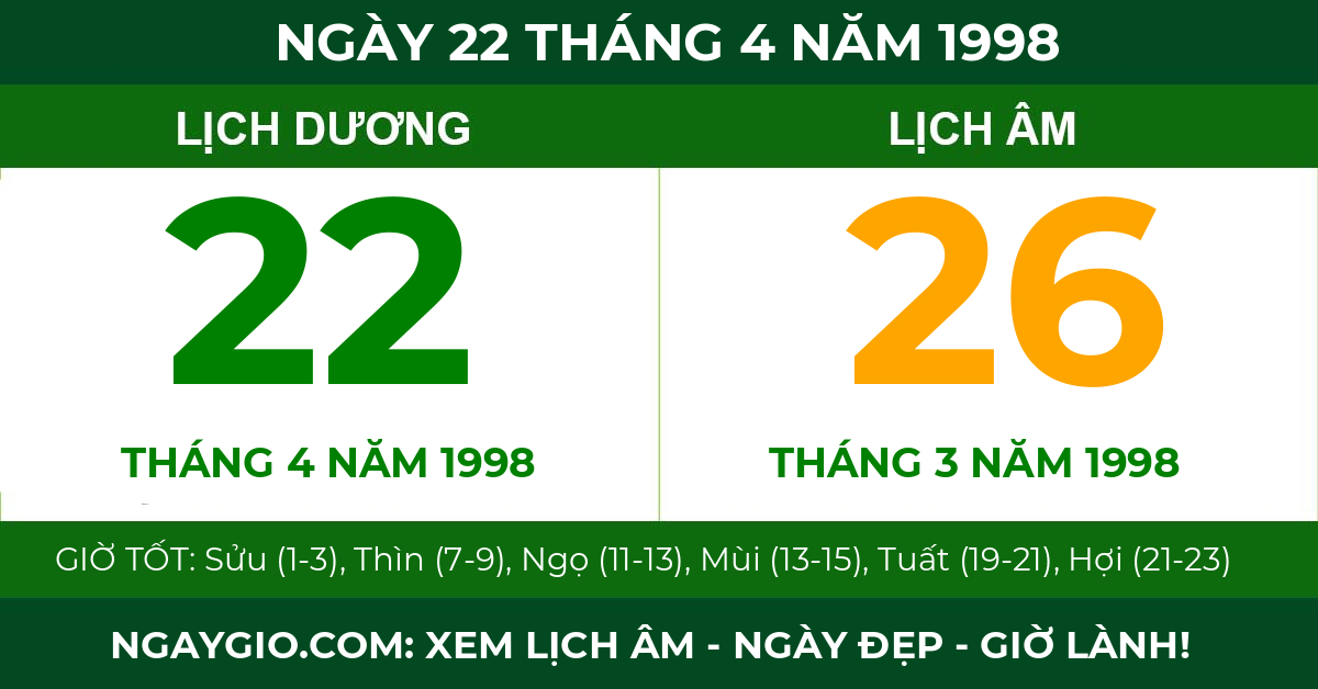 lịch âm ngày 22 tháng 4 năm 1998