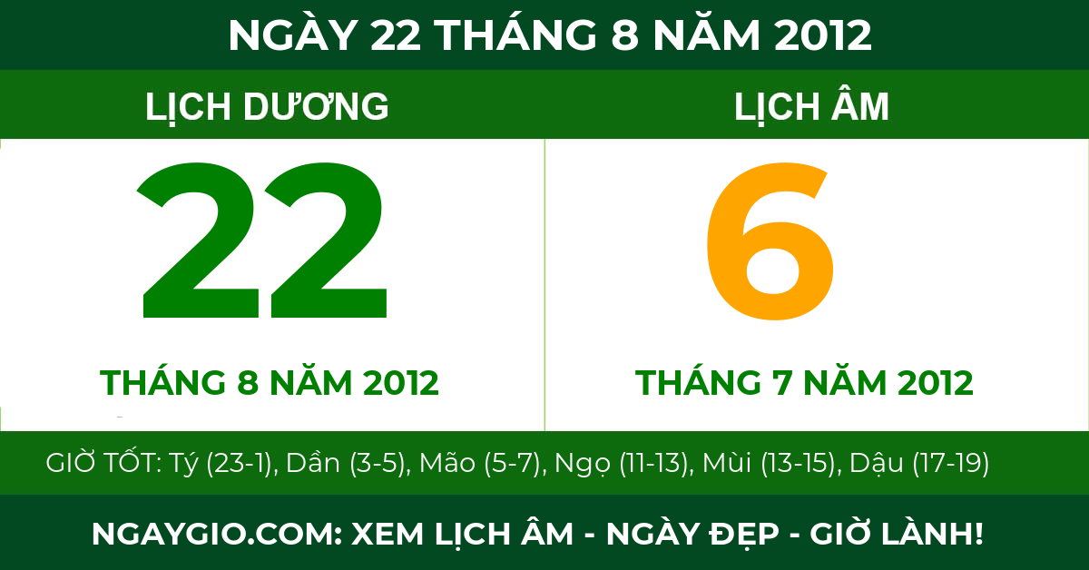 lịch âm ngày 22 tháng 8 năm 2012