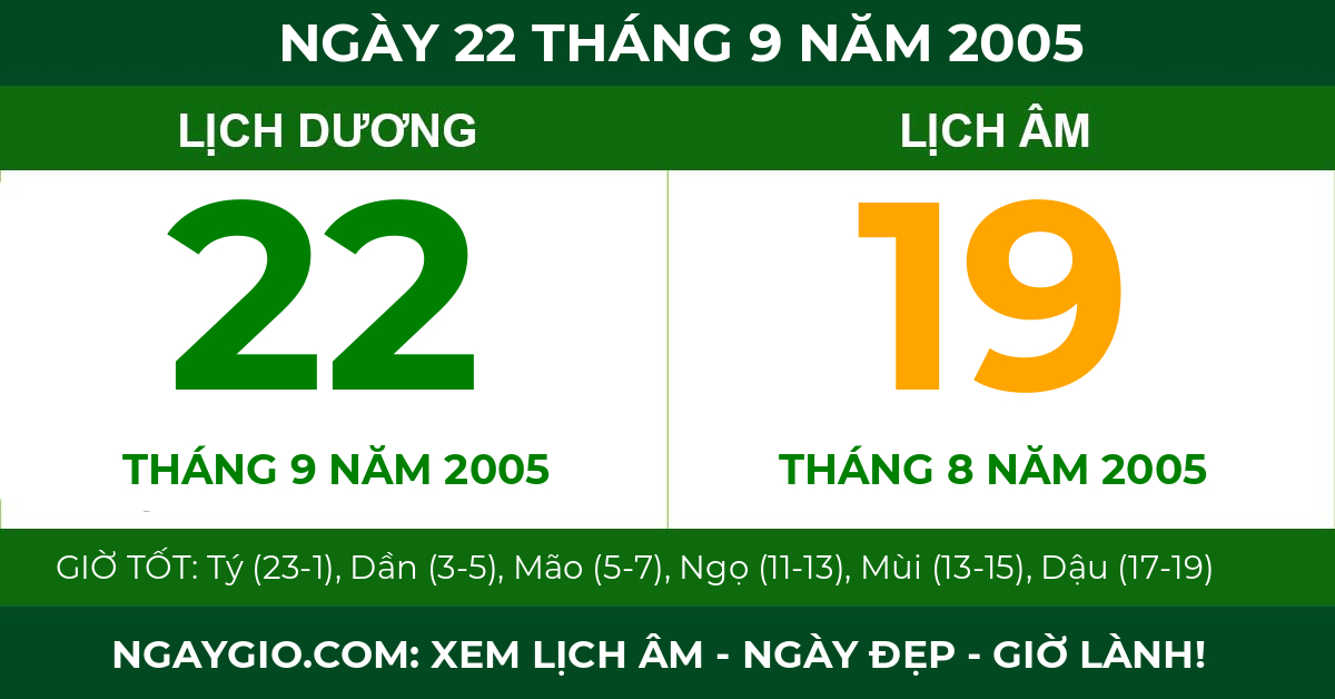 lịch âm ngày 22 tháng 9 năm 2005