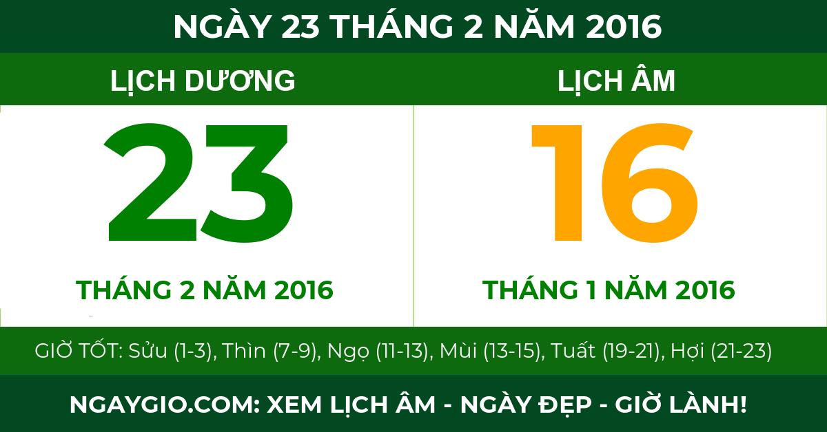 lịch âm ngày 23 tháng 2 năm 2016