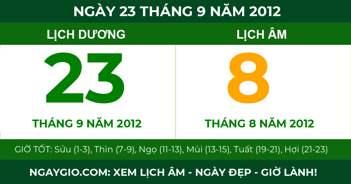 lịch âm ngày 23 tháng 9 năm 2012