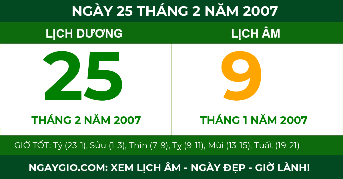 lịch âm ngày 25 tháng 2 năm 2007