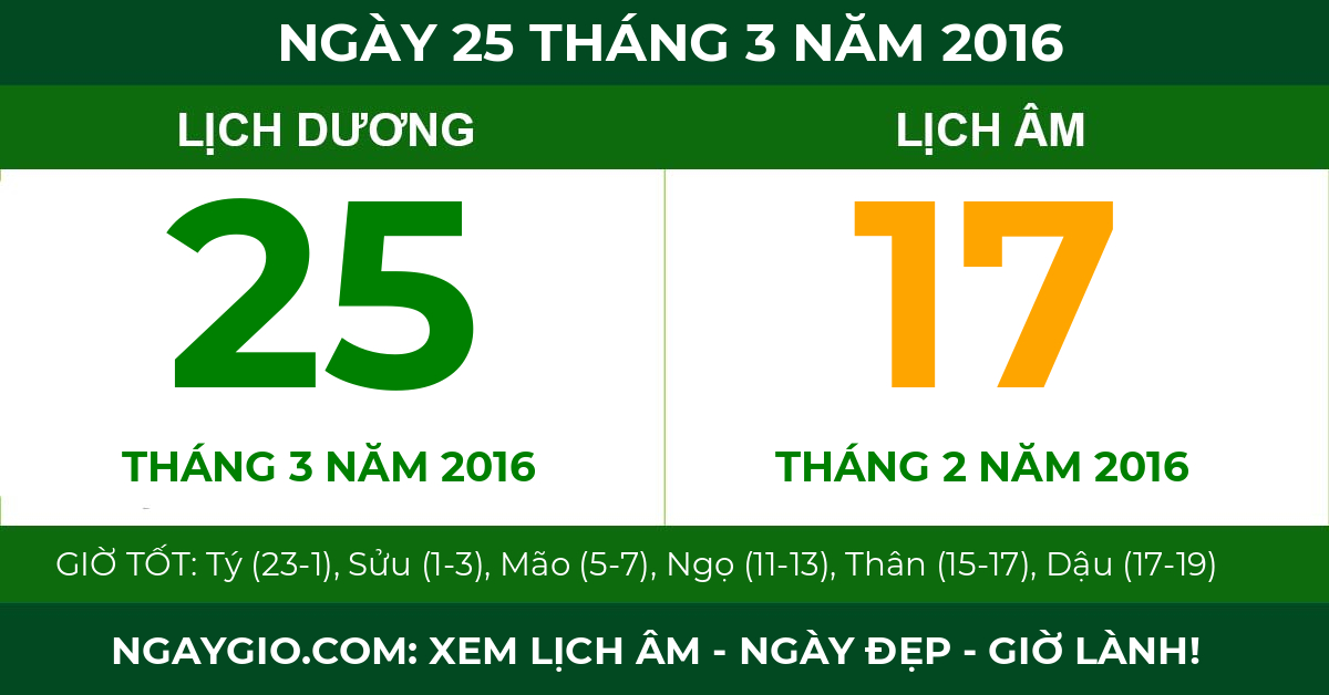lịch âm ngày 25 tháng 3 năm 2016