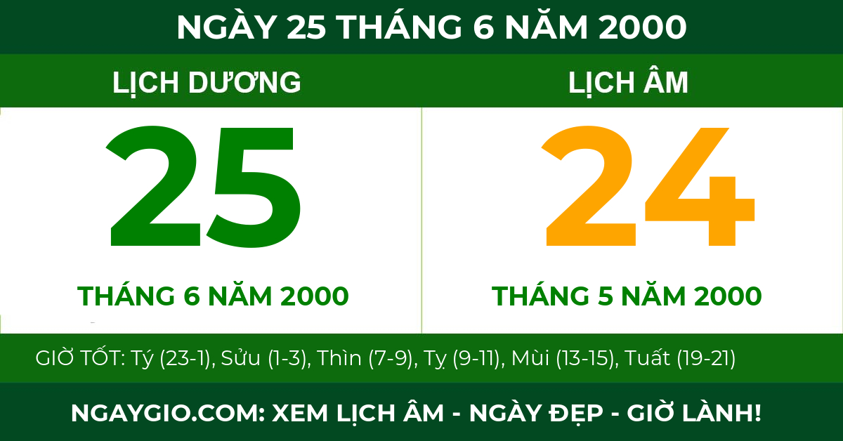 lịch âm ngày 25 tháng 6 năm 2000