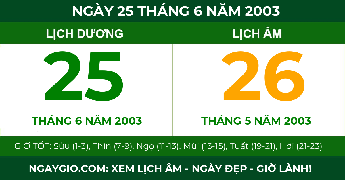 lịch âm ngày 25 tháng 6 năm 2003
