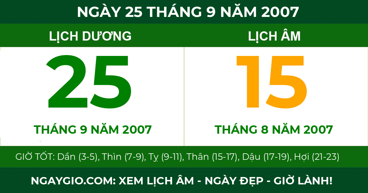 lịch âm ngày 25 tháng 9 năm 2007