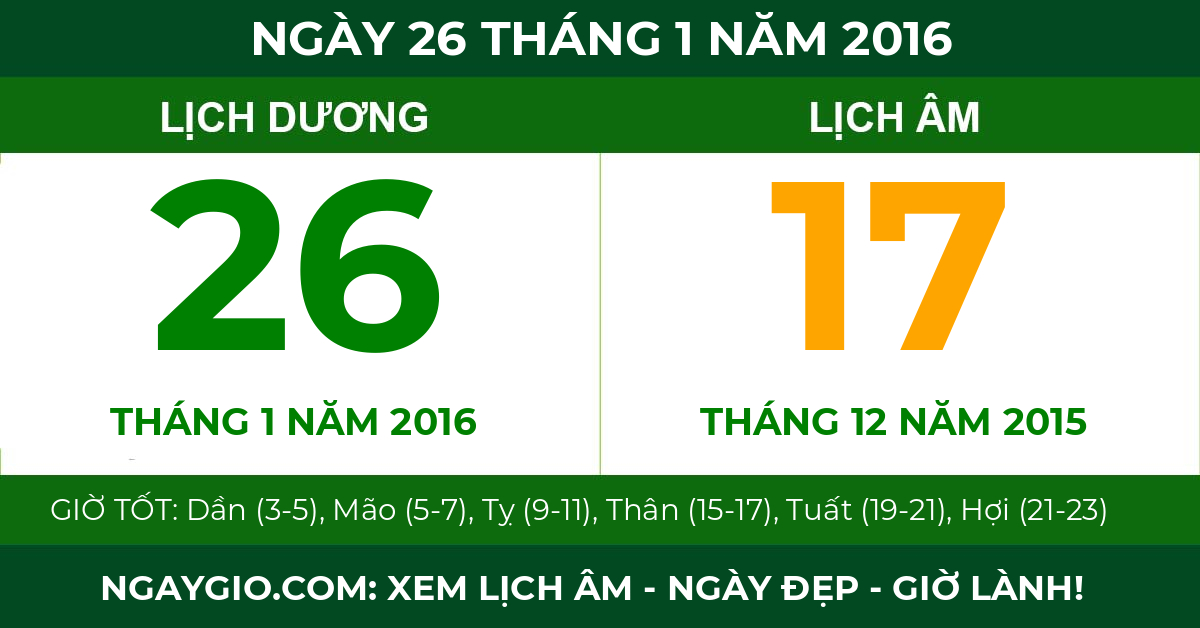 lịch âm ngày 26 tháng 1 năm 2016