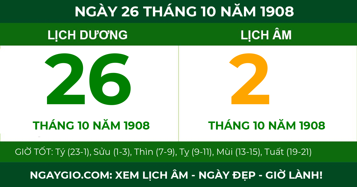 lịch âm ngày 26 tháng 10 năm 1908