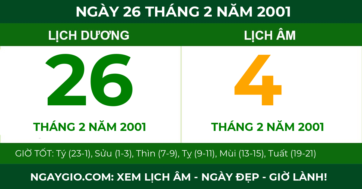 lịch âm ngày 26 tháng 2 năm 2001