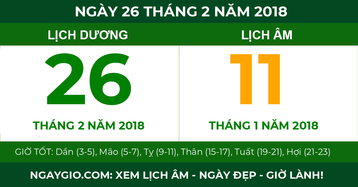 lịch âm ngày 26 tháng 2 năm 2018