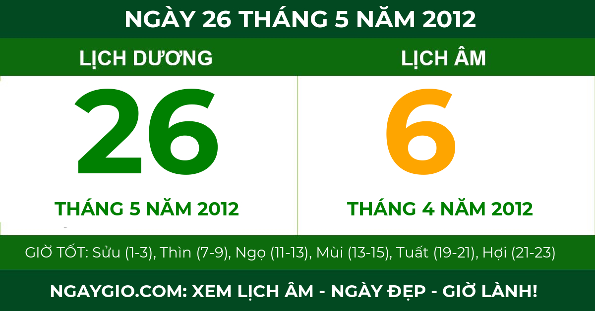 lịch âm ngày 26 tháng 5 năm 2012