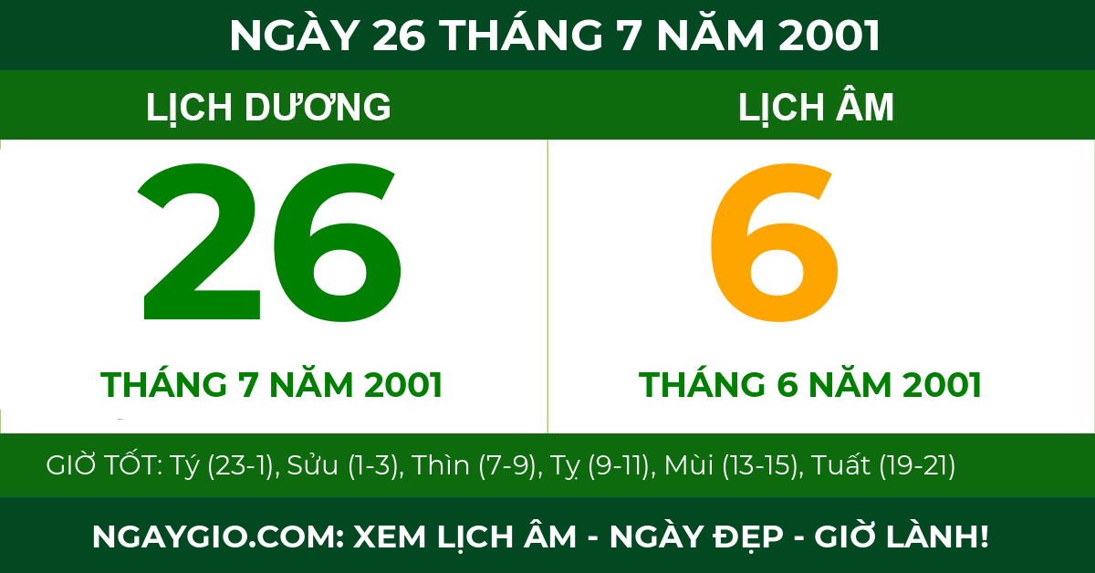 lịch âm ngày 26 tháng 7 năm 2001