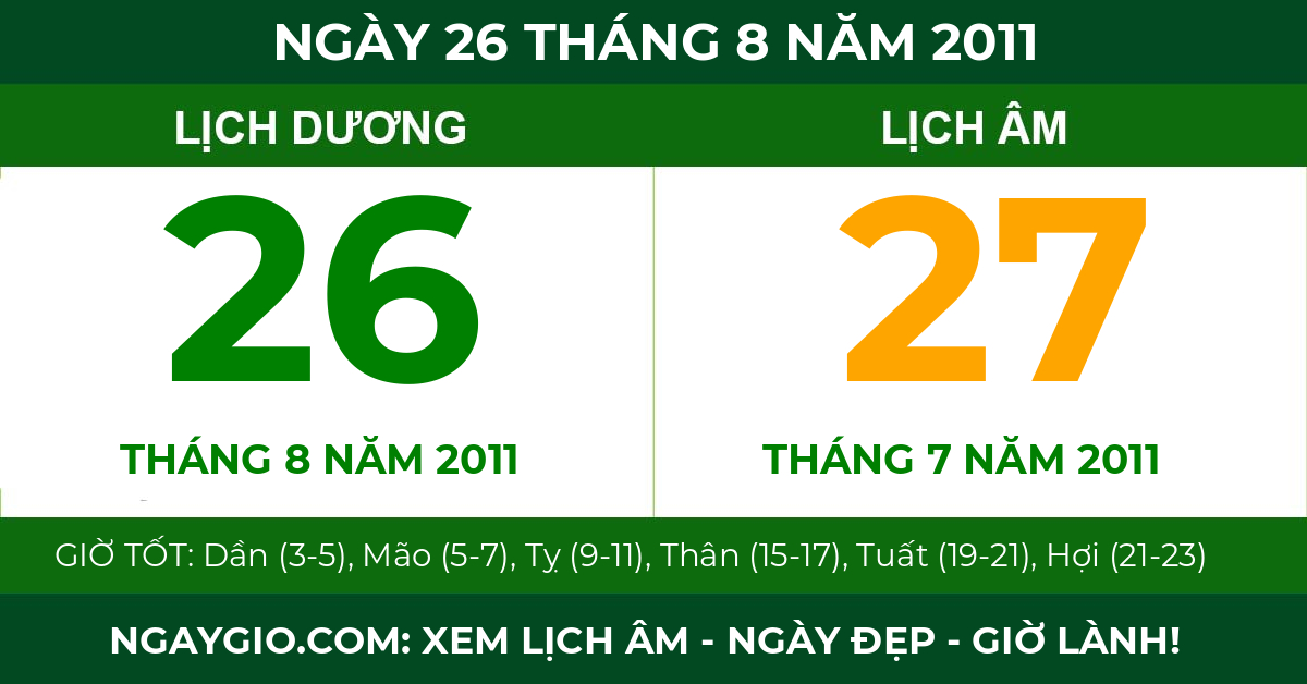 lịch âm ngày 26 tháng 8 năm 2011