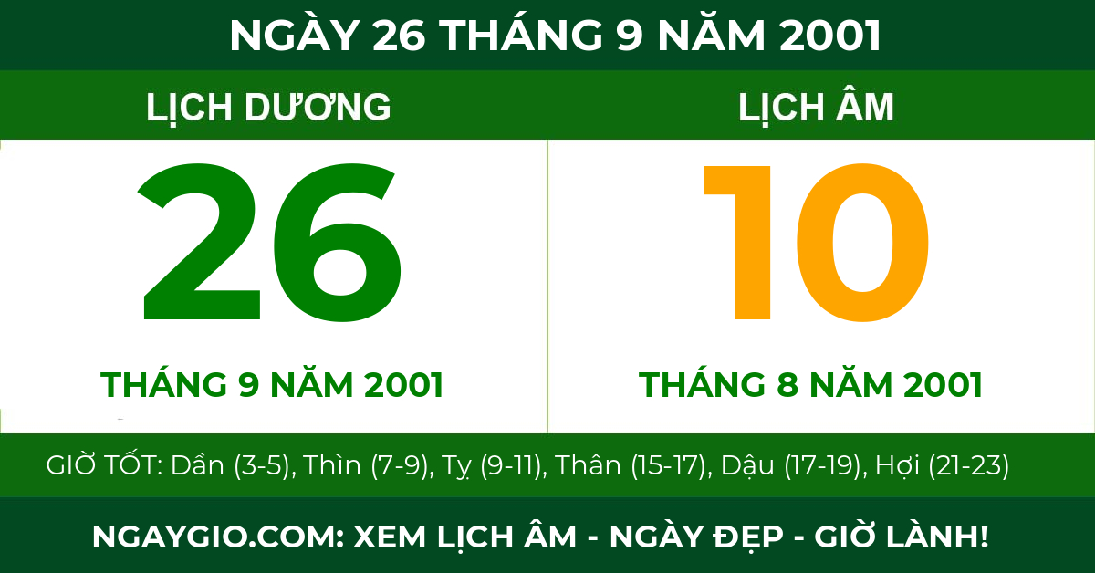 lịch âm ngày 26 tháng 9 năm 2001