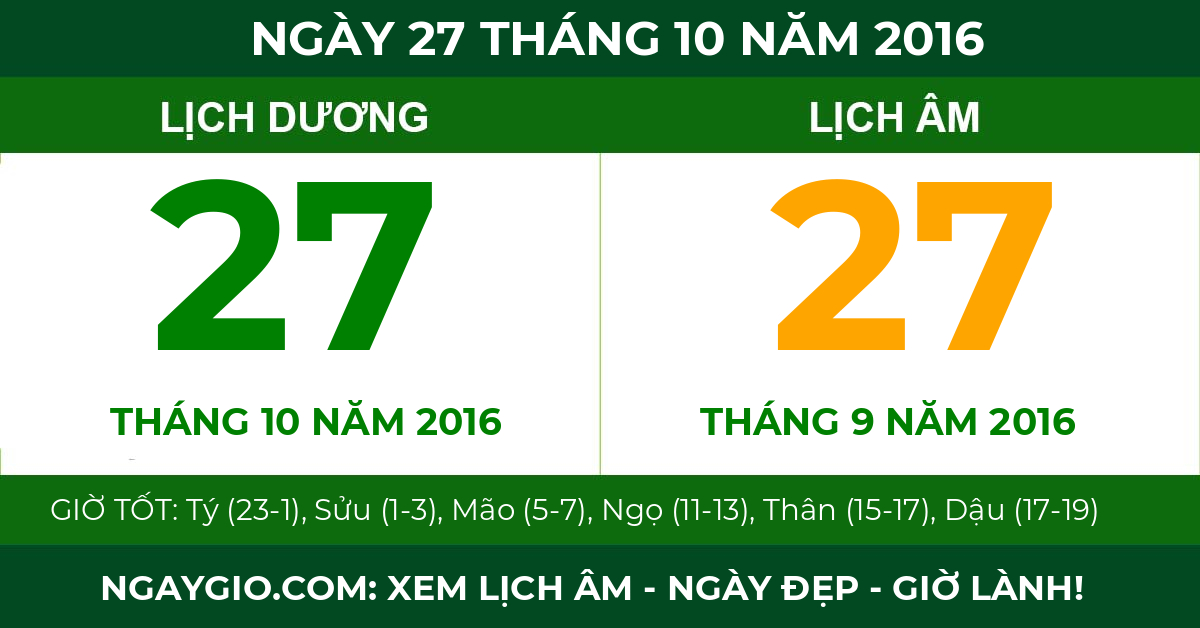 lịch âm ngày 27 tháng 10 năm 2016