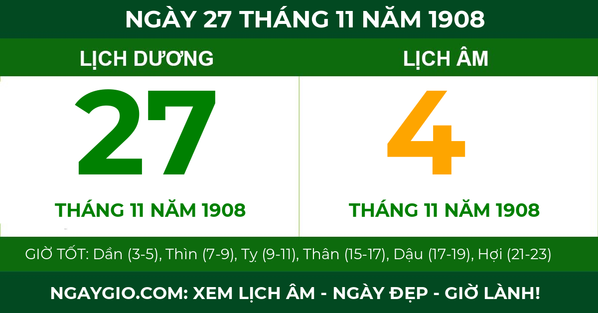 lịch âm ngày 27 tháng 11 năm 1908
