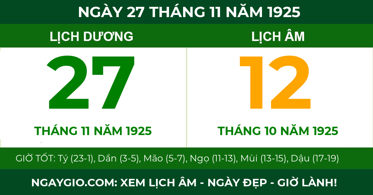 lịch âm ngày 27 tháng 11 năm 1925