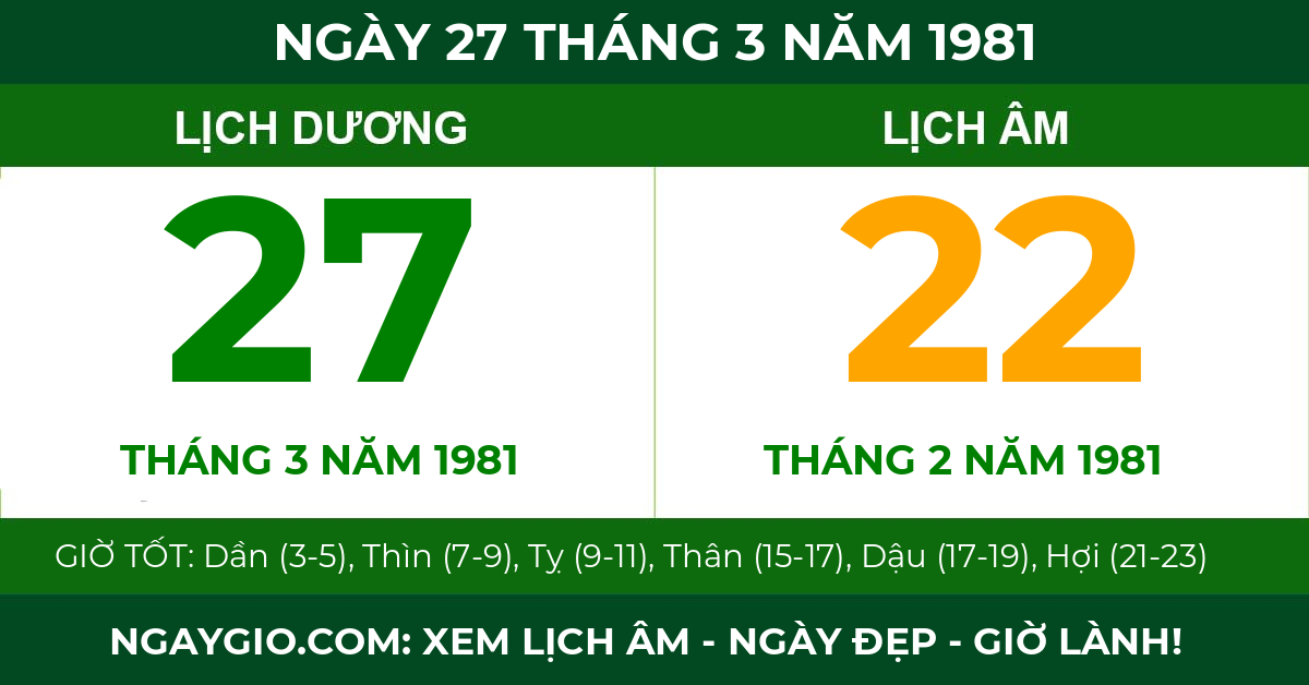 lịch âm ngày 27 tháng 3 năm 1981