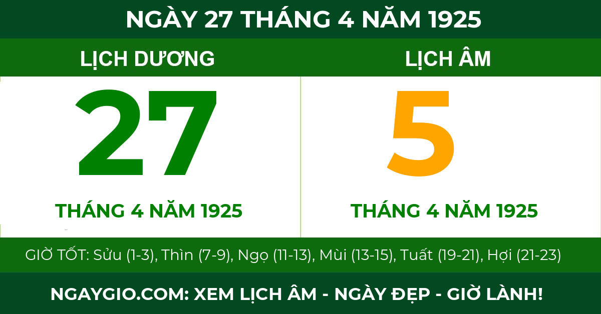 lịch âm ngày 27 tháng 4 năm 1925
