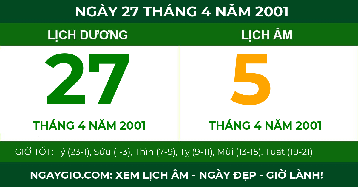 lịch âm ngày 27 tháng 4 năm 2001
