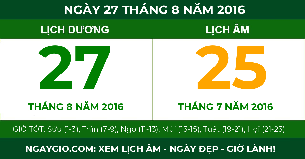 lịch âm ngày 27 tháng 8 năm 2016