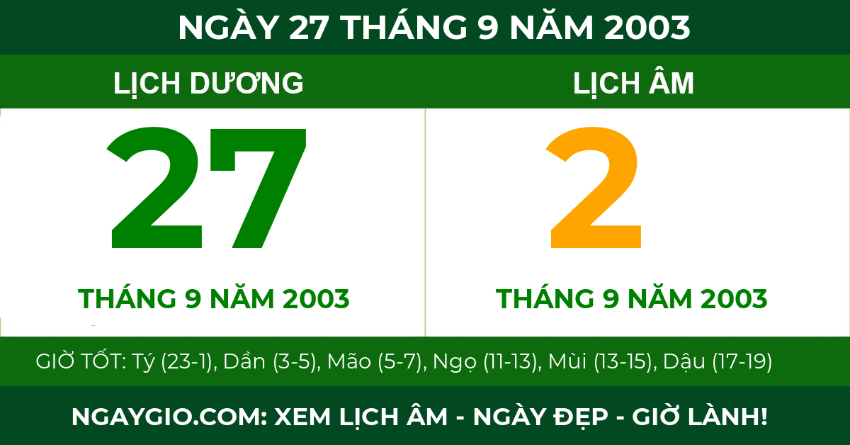 lịch âm ngày 27 tháng 9 năm 2003