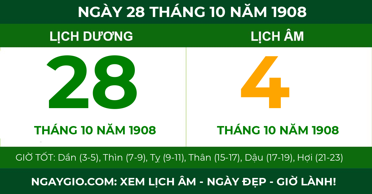 lịch âm ngày 28 tháng 10 năm 1908