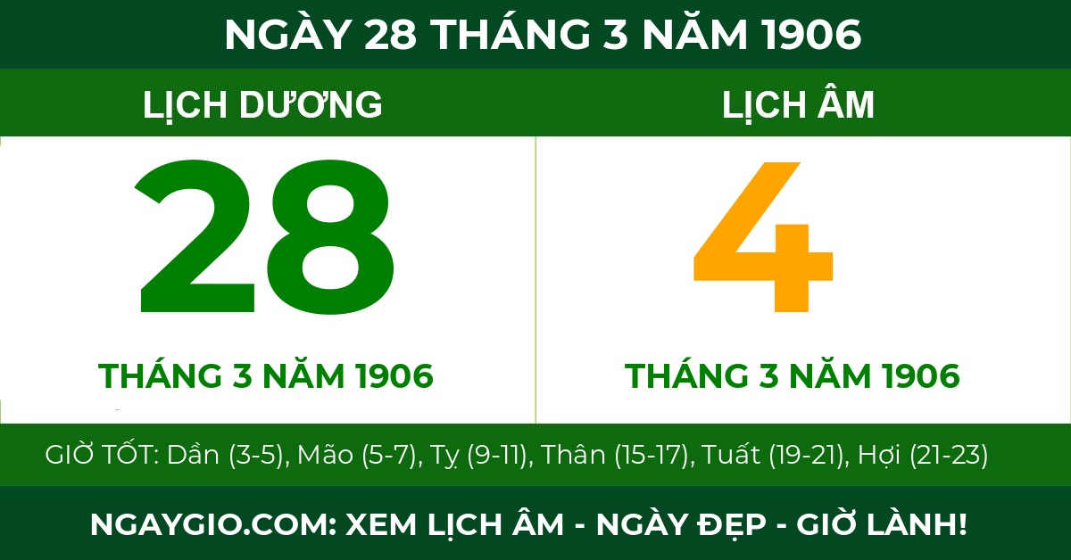 lịch âm ngày 28 tháng 3 năm 1906