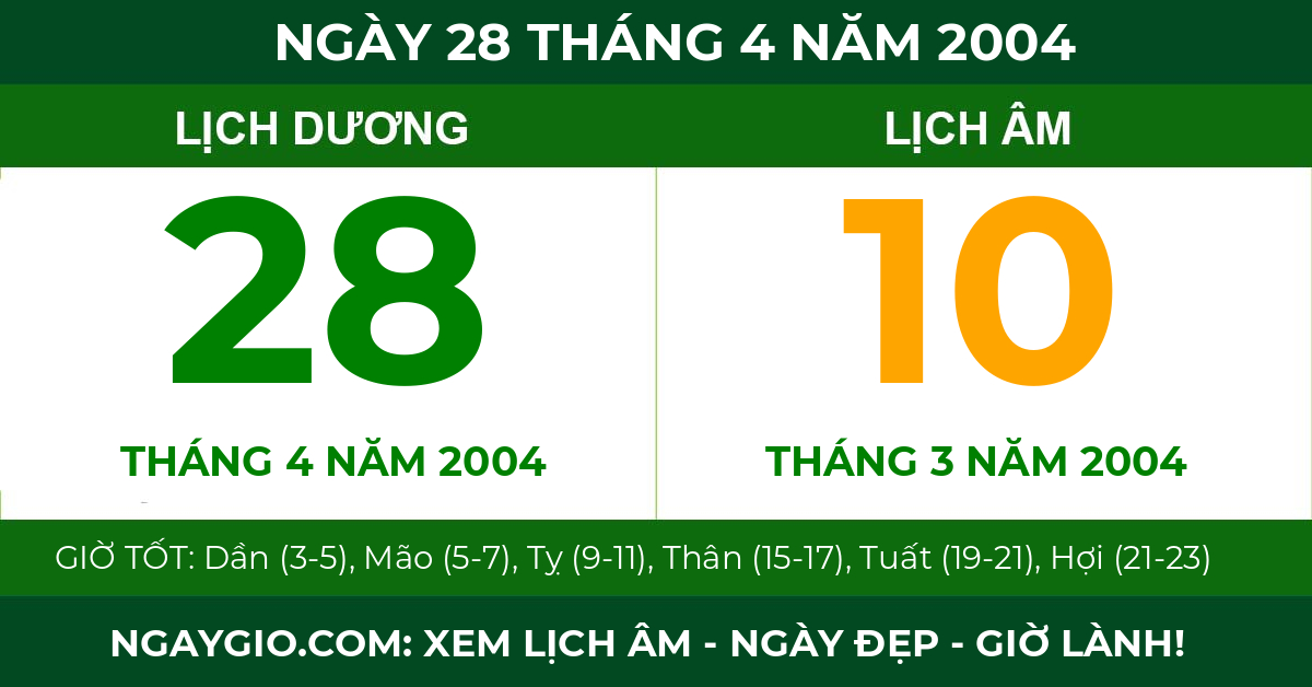 lịch âm ngày 28 tháng 4 năm 2004