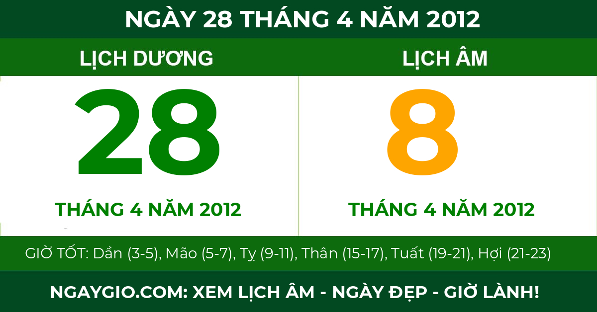 lịch âm ngày 28 tháng 4 năm 2012