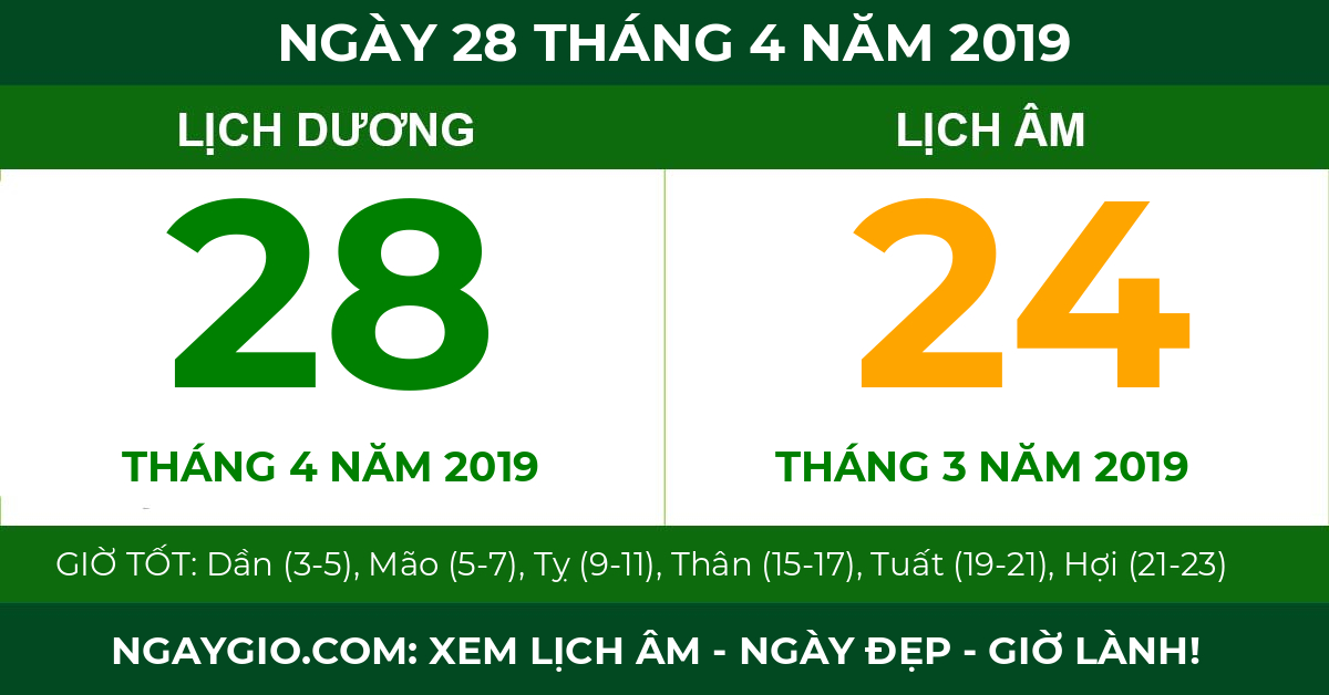 lịch âm ngày 28 tháng 4 năm 2019