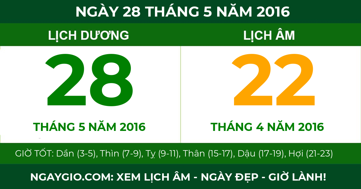 lịch âm ngày 28 tháng 5 năm 2016