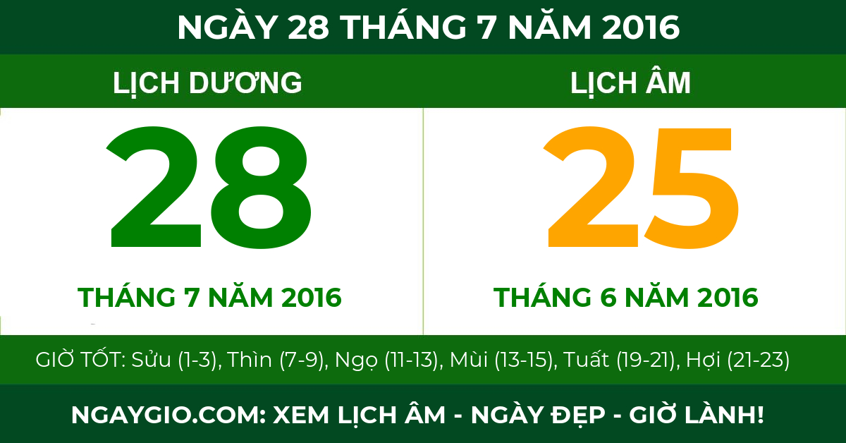 lịch âm ngày 28 tháng 7 năm 2016