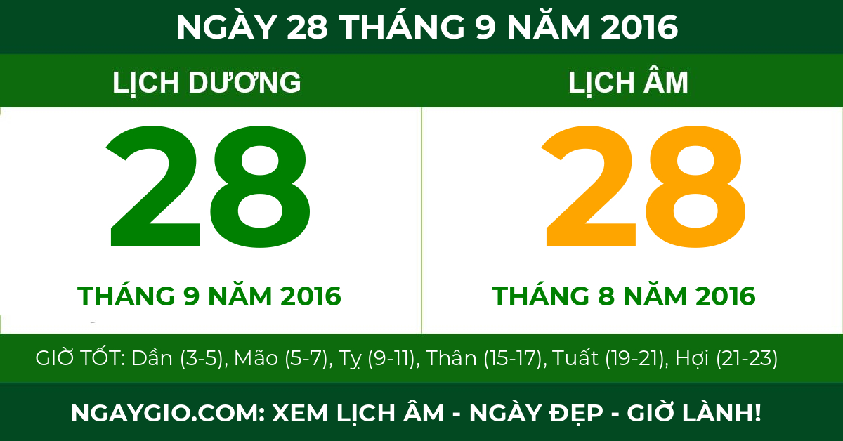 lịch âm ngày 28 tháng 9 năm 2016