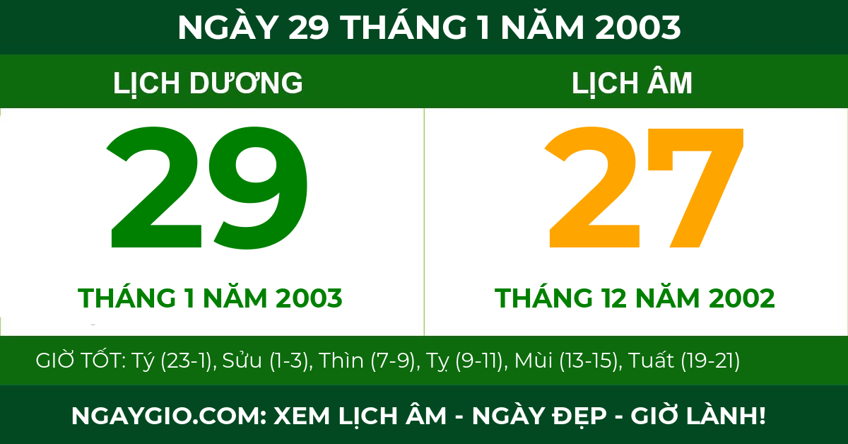 lịch âm ngày 29 tháng 1 năm 2003