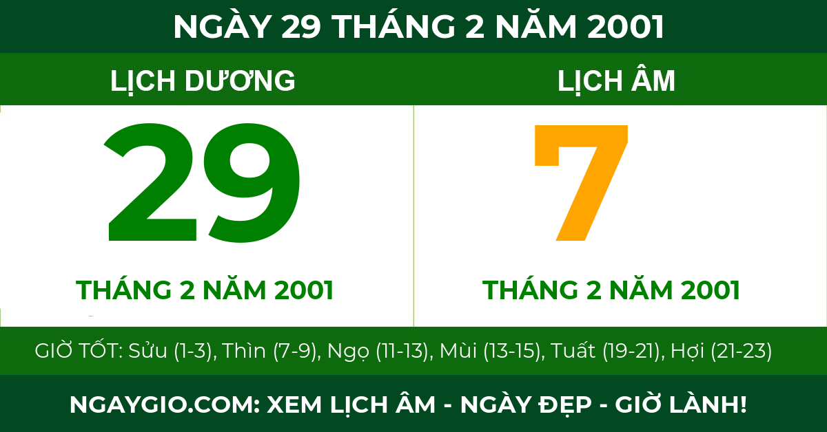 lịch âm ngày 29 tháng 2 năm 2001