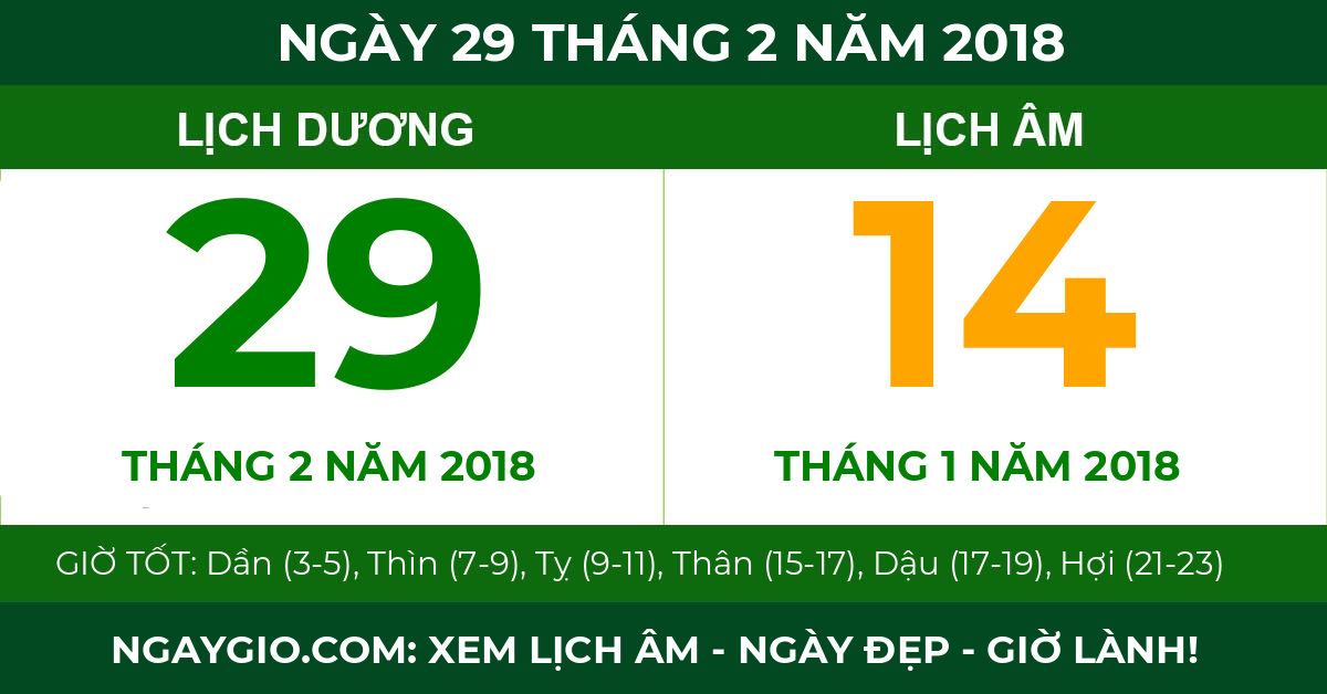lịch âm ngày 29 tháng 2 năm 2018