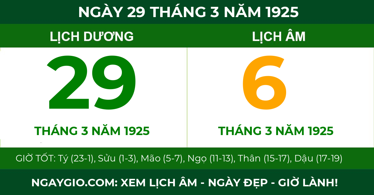 lịch âm ngày 29 tháng 3 năm 1925