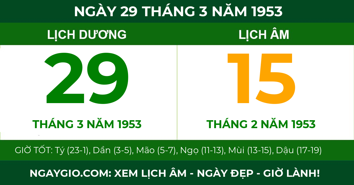 lịch âm ngày 29 tháng 3 năm 1953