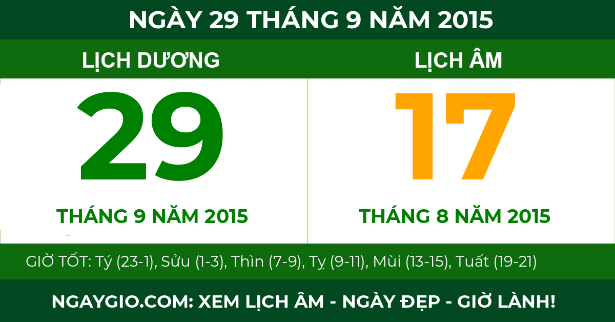 lịch âm ngày 29 tháng 9 năm 2015