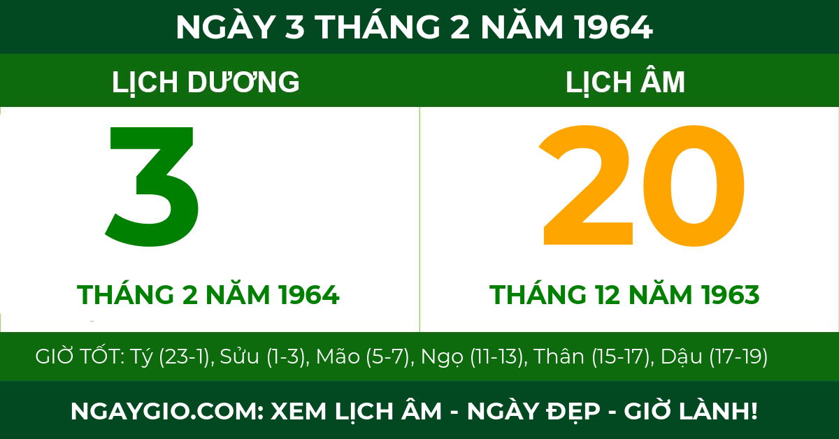 lịch âm ngày 3 tháng 2 năm 1964