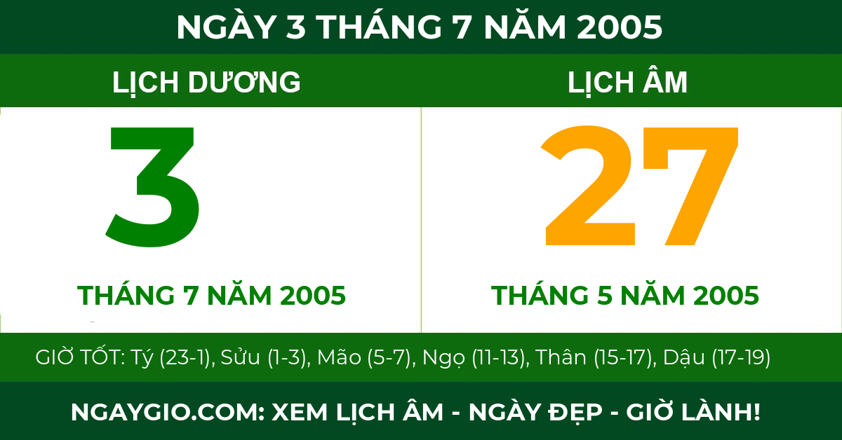 lịch âm ngày 3 tháng 7 năm 2005