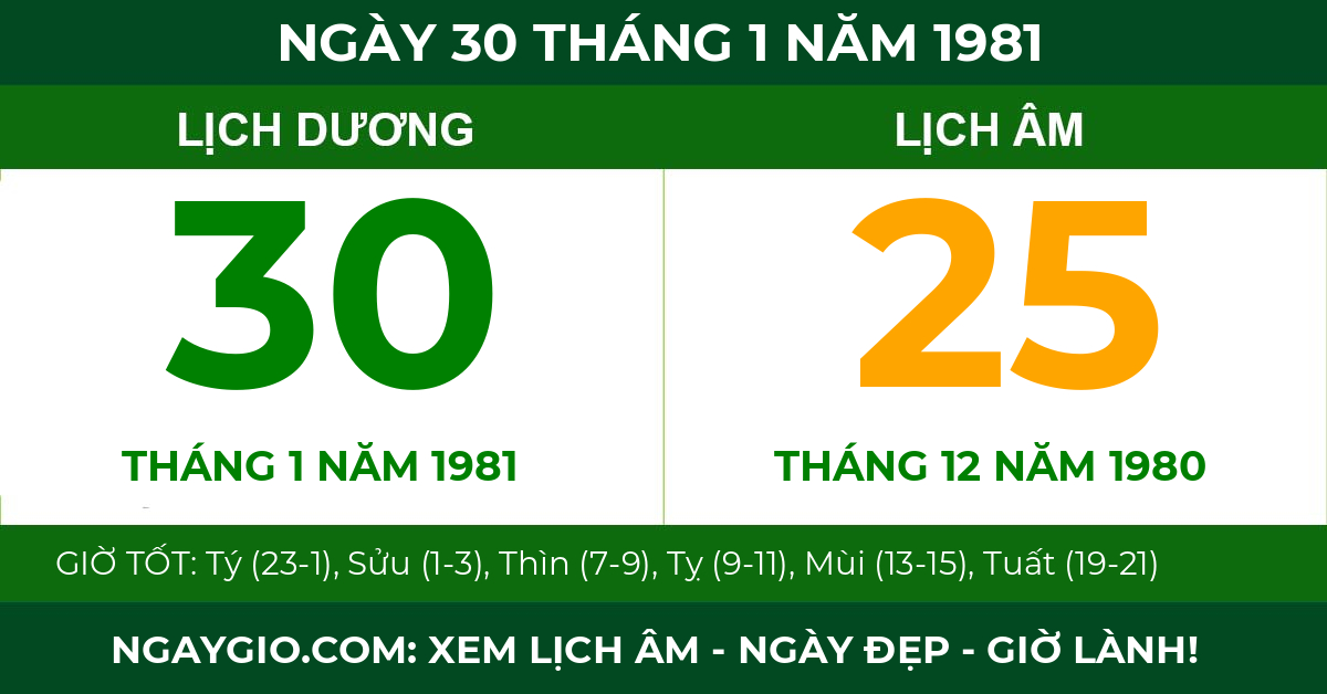 lịch âm ngày 30 tháng 1 năm 1981