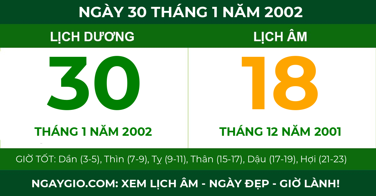 lịch âm ngày 30 tháng 1 năm 2002