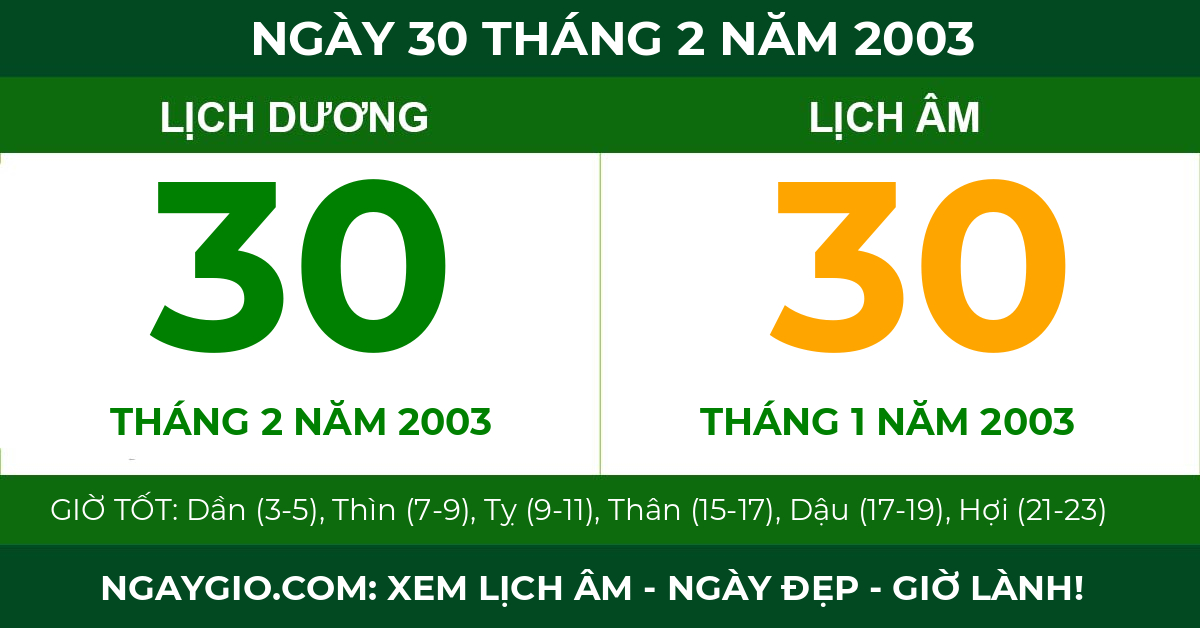 lịch âm ngày 30 tháng 2 năm 2003