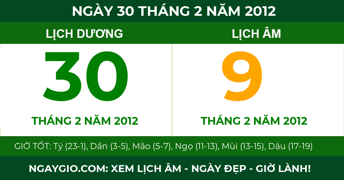 lịch âm ngày 30 tháng 2 năm 2012