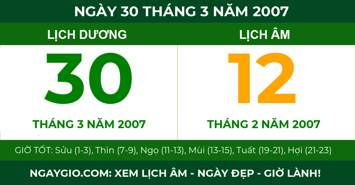 lịch âm ngày 30 tháng 3 năm 2007