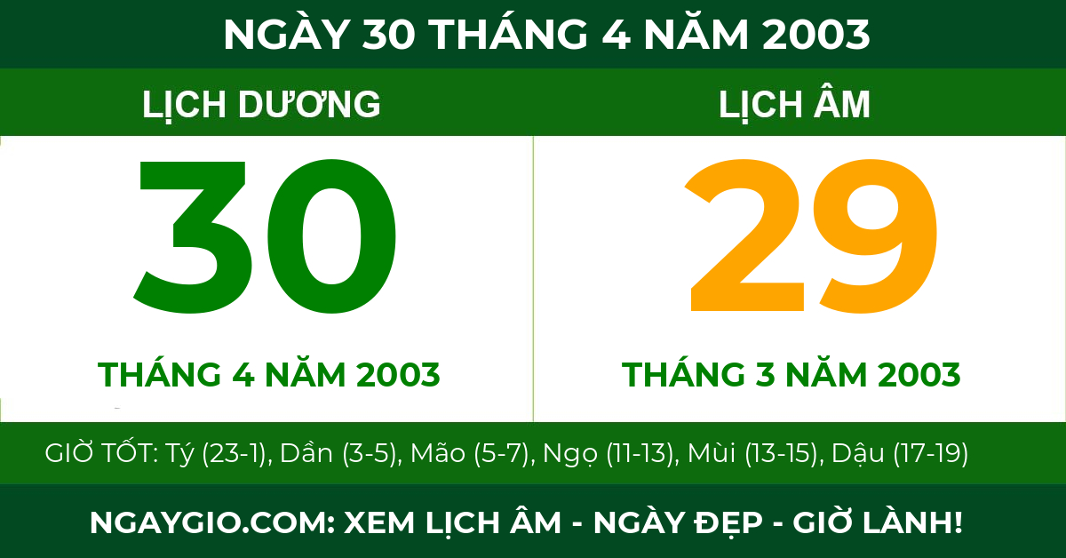 lịch âm ngày 30 tháng 4 năm 2003