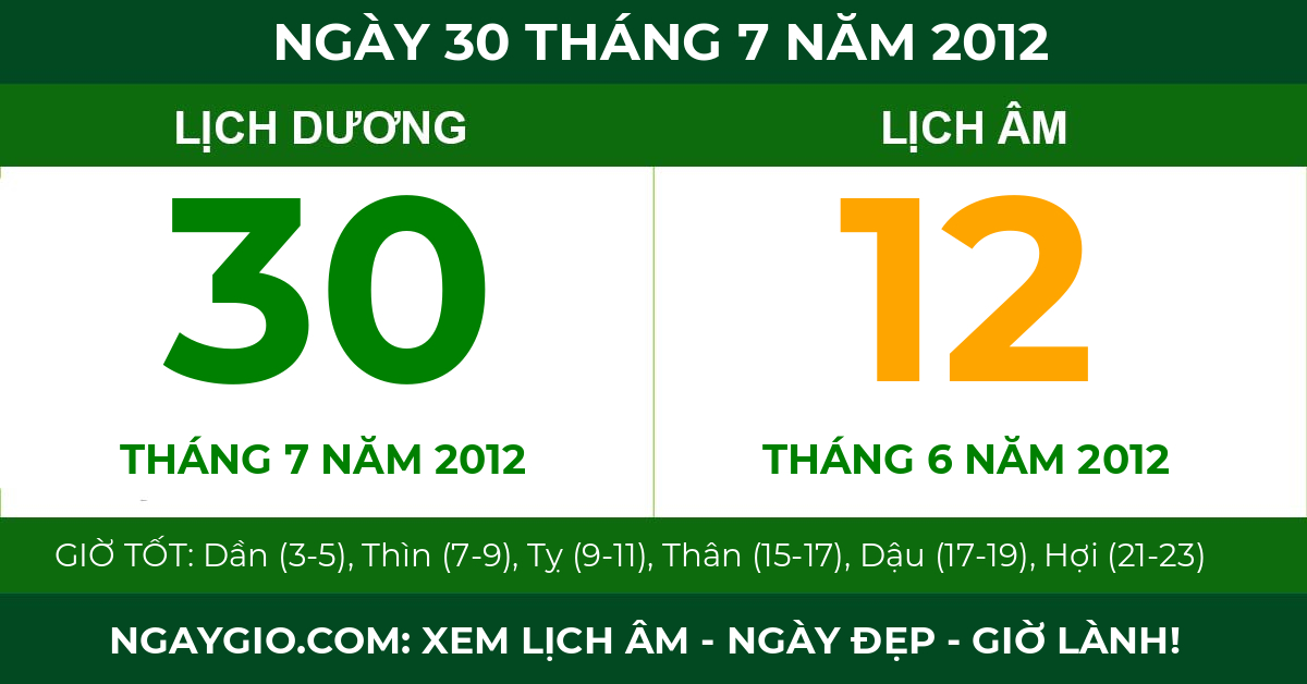 lịch âm ngày 30 tháng 7 năm 2012