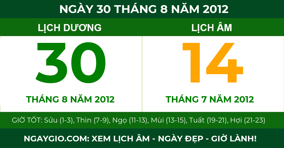 lịch âm ngày 30 tháng 8 năm 2012